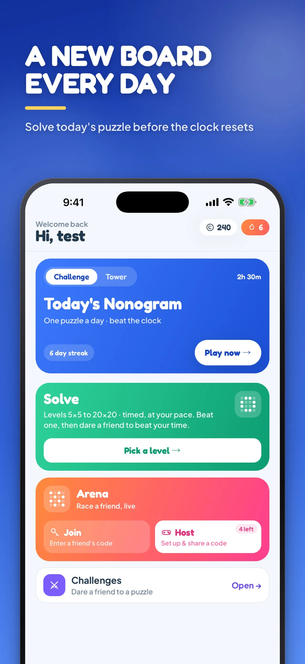 Nonogram Arena's home screen: Today's Nonogram card with a 6 day streak and 2h 30m left, plus Solve, Arena and Challenges