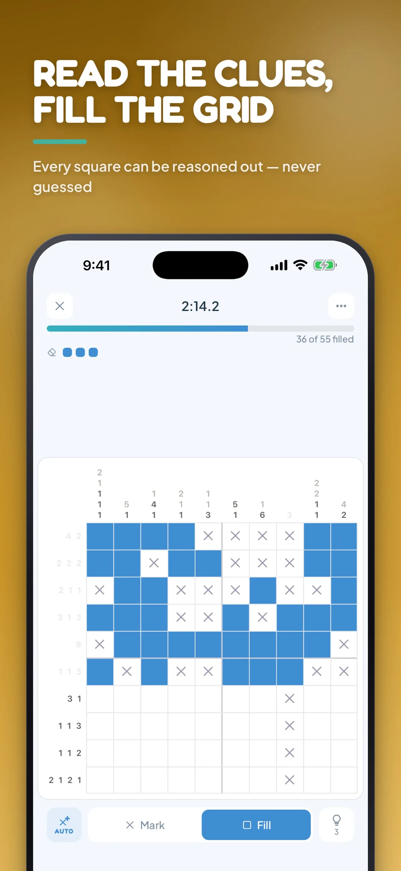 A Nonogram Arena 10x10 grid in progress, 36 of 55 cells filled, with blue filled squares, crossed-out cells, row and column clues and a 2:14.2 timer
