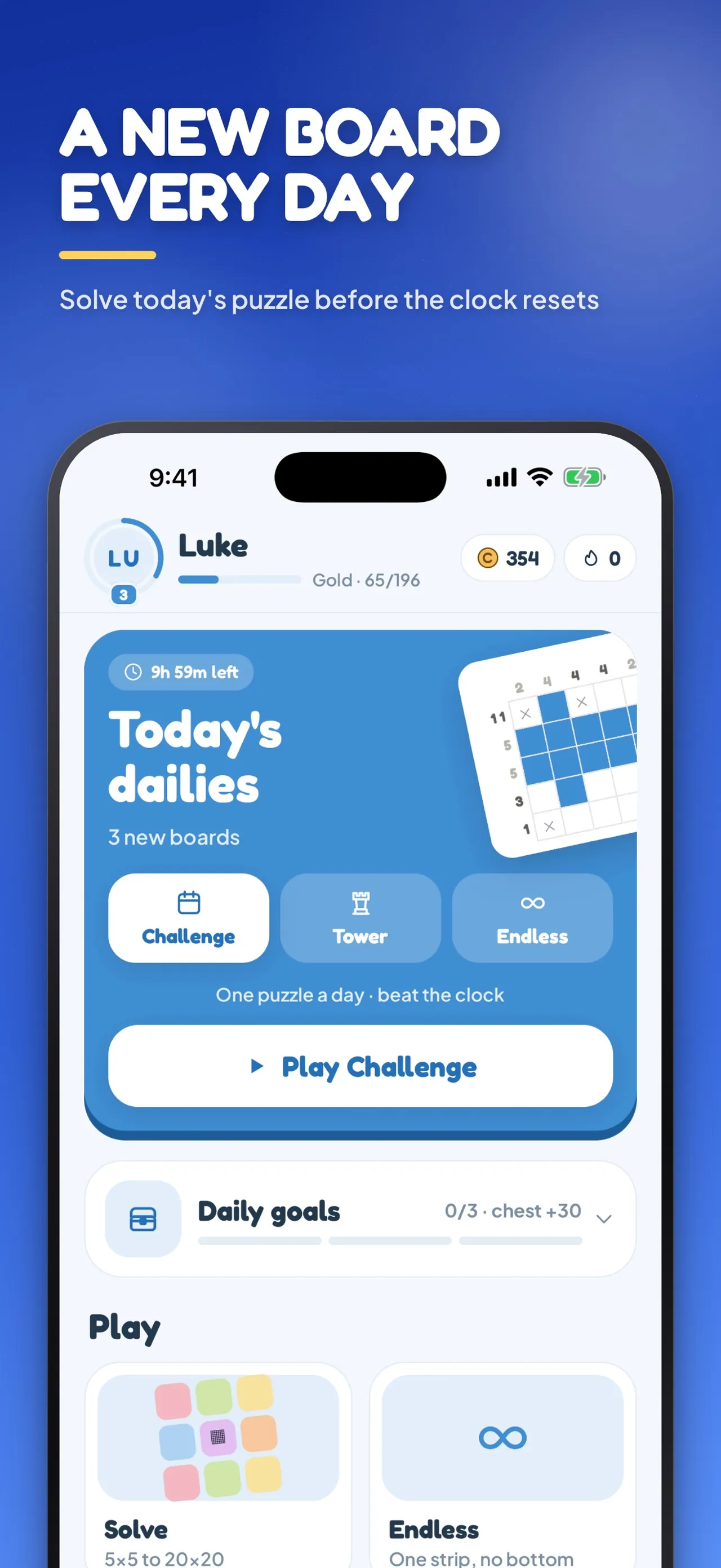 Nonogram Arena home screen: Today's dailies card with 3 new boards, Challenge, Tower and Endless tabs, a countdown and a Play Challenge button