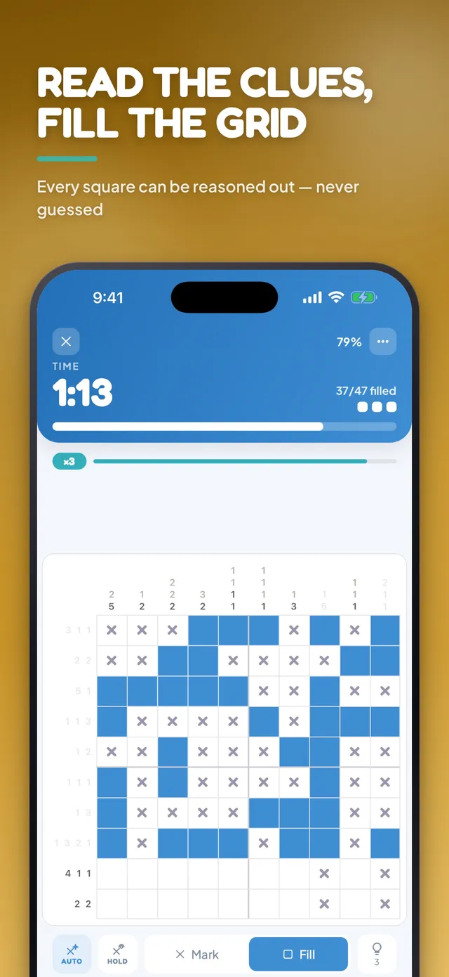 Nonogram Arena 10x10 board in progress: blue filled squares, crossed-out cells, row and column clues, a 1:13 timer, 37 of 47 filled and Mark and Fill buttons