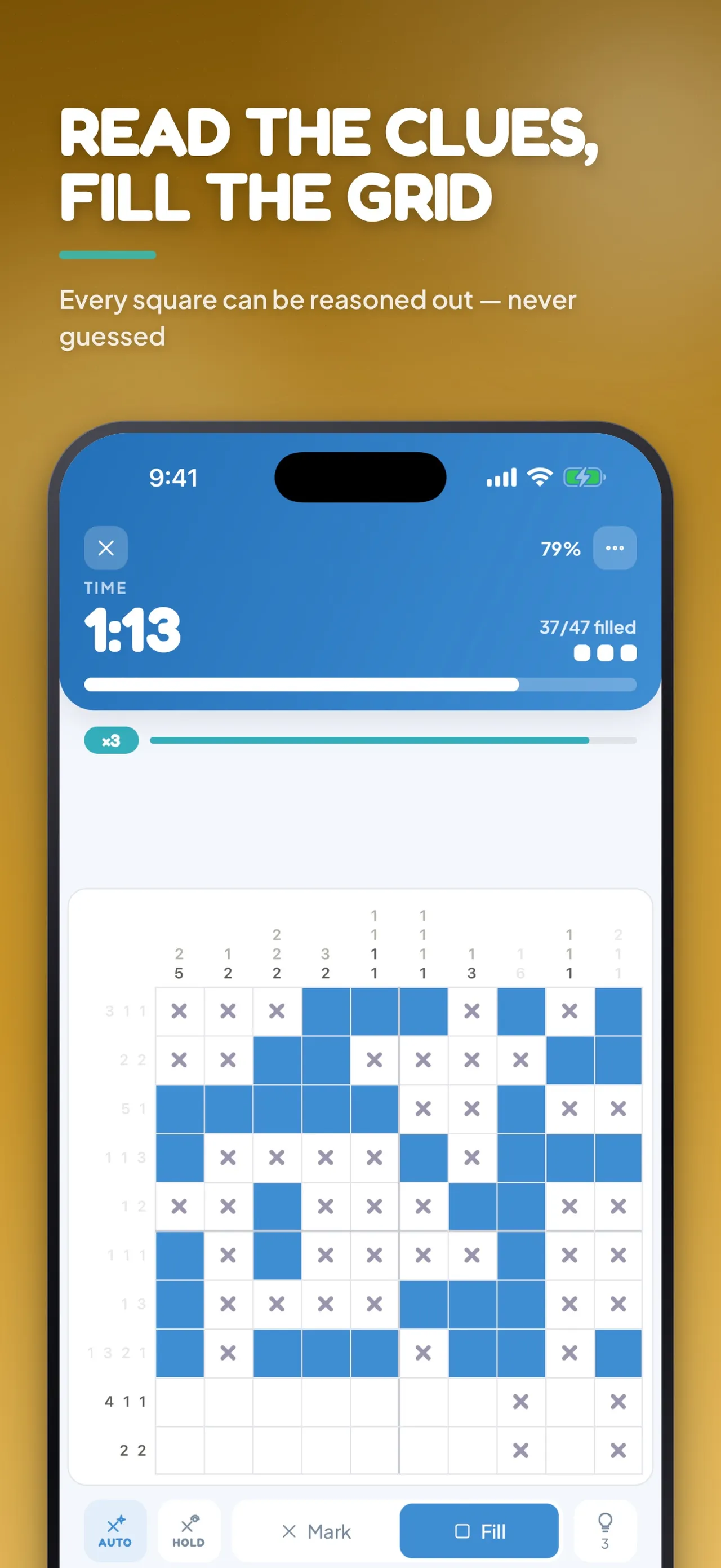 Nonogram Arena 10x10 board in progress: blue filled squares, crossed-out cells, row and column clues, a 1:13 timer, 37 of 47 filled and Mark and Fill buttons