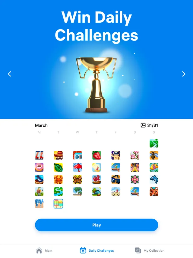 The Daily Challenges calendar in Nonogram.com, with a gold trophy above a month of solved puzzles