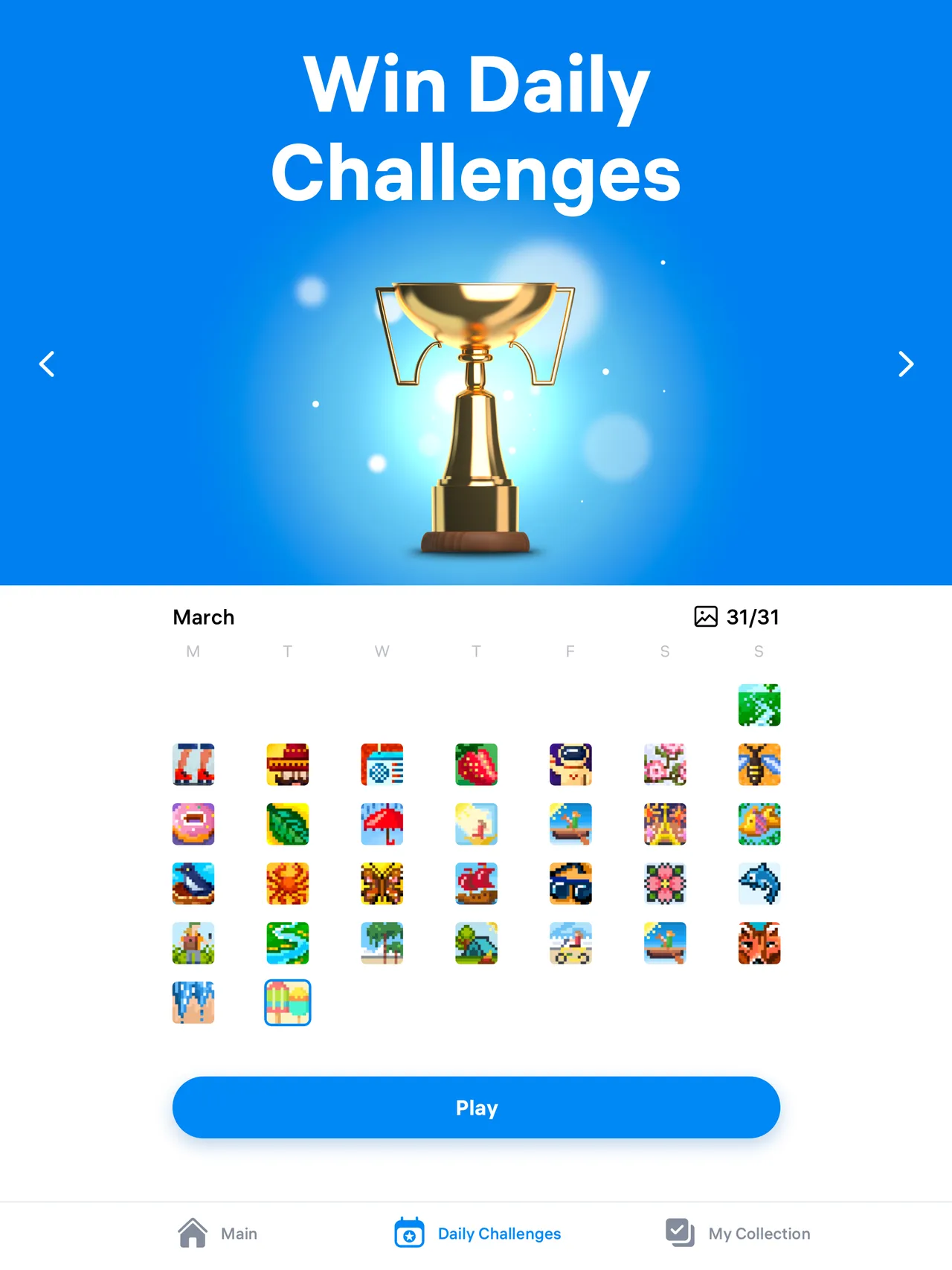 The Daily Challenges calendar in Nonogram.com, with a gold trophy above a month of solved puzzles