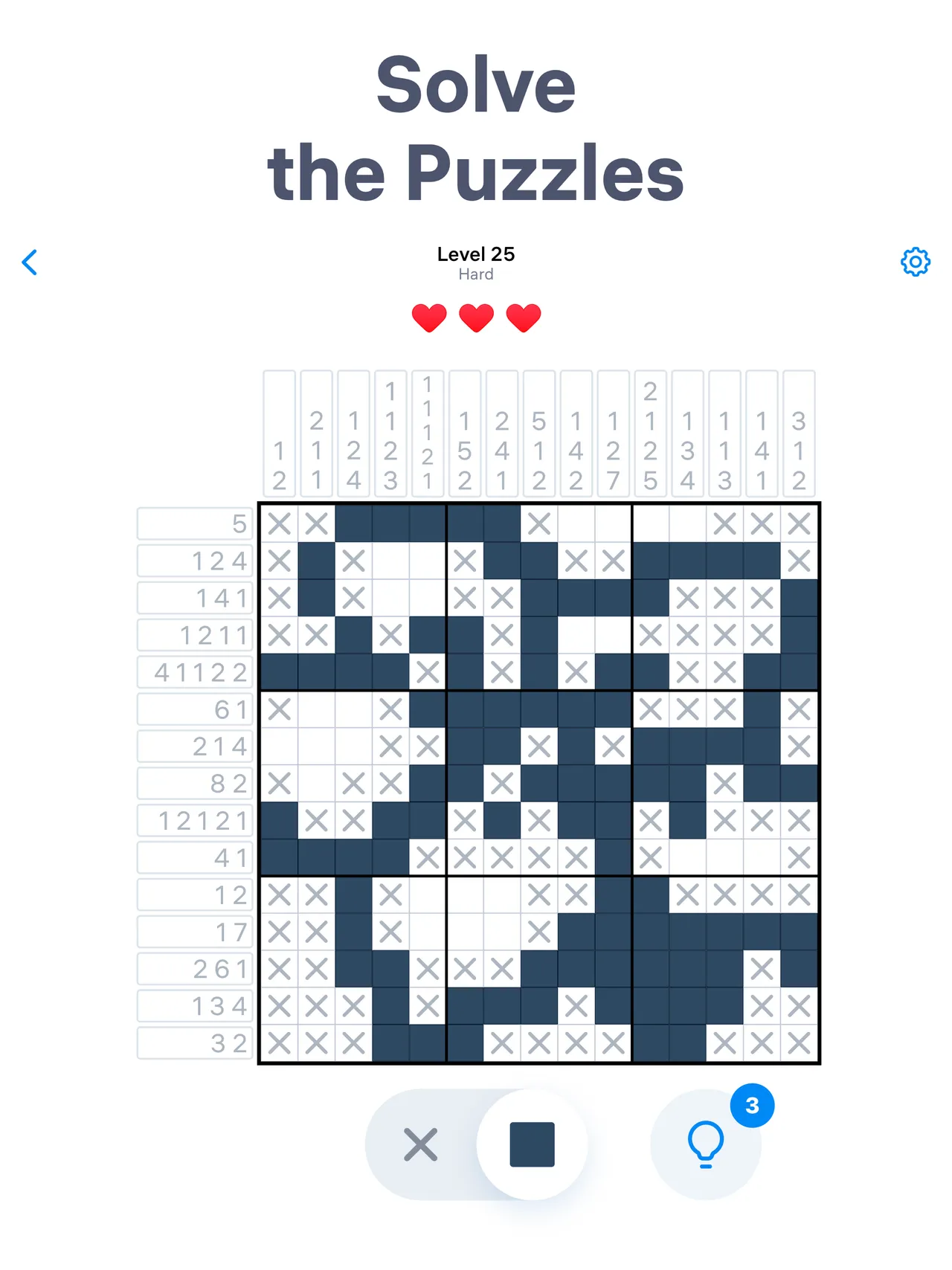 A 15 by 15 Nonogram.com puzzle part solved, with filled squares, crosses, three lives and a hint button
