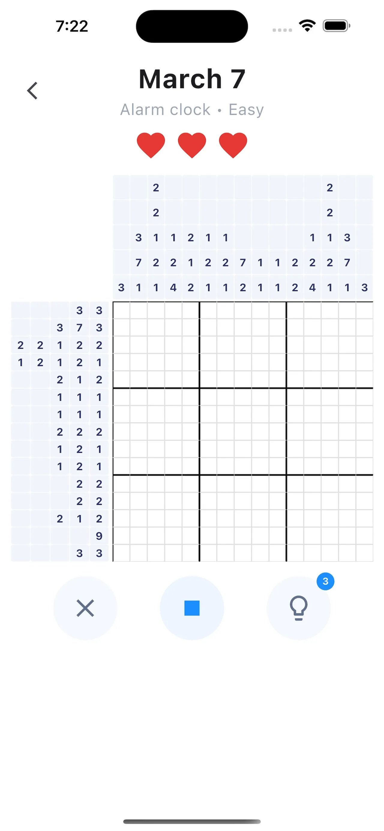 An empty 15x15 nonogram for March 7, Alarm clock, Easy, with row and column clues, three full hearts and the cross, fill and hint buttons below.