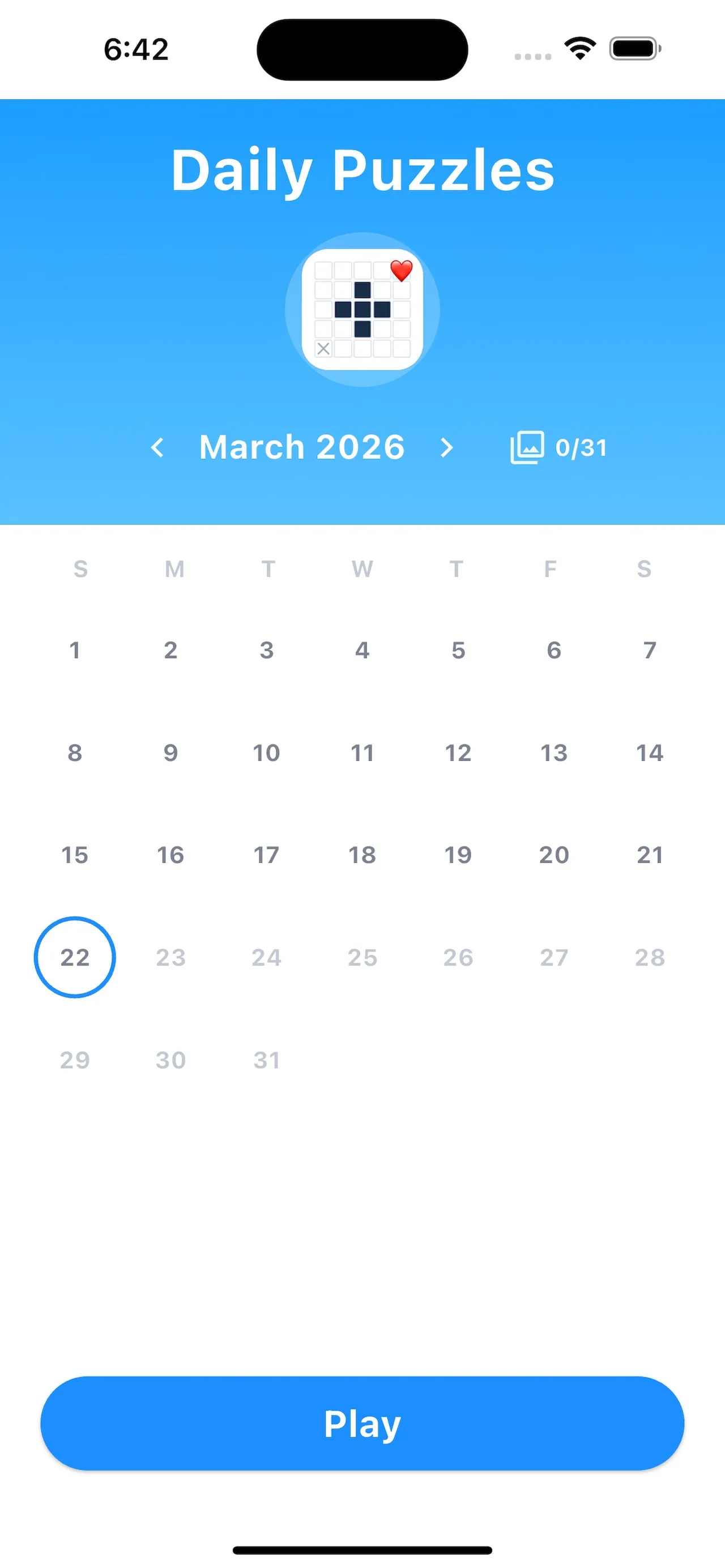The Daily Puzzles screen: a calendar for March 2026 with the 22nd circled as today, a 0/31 count of finished puzzles, and a Play button.