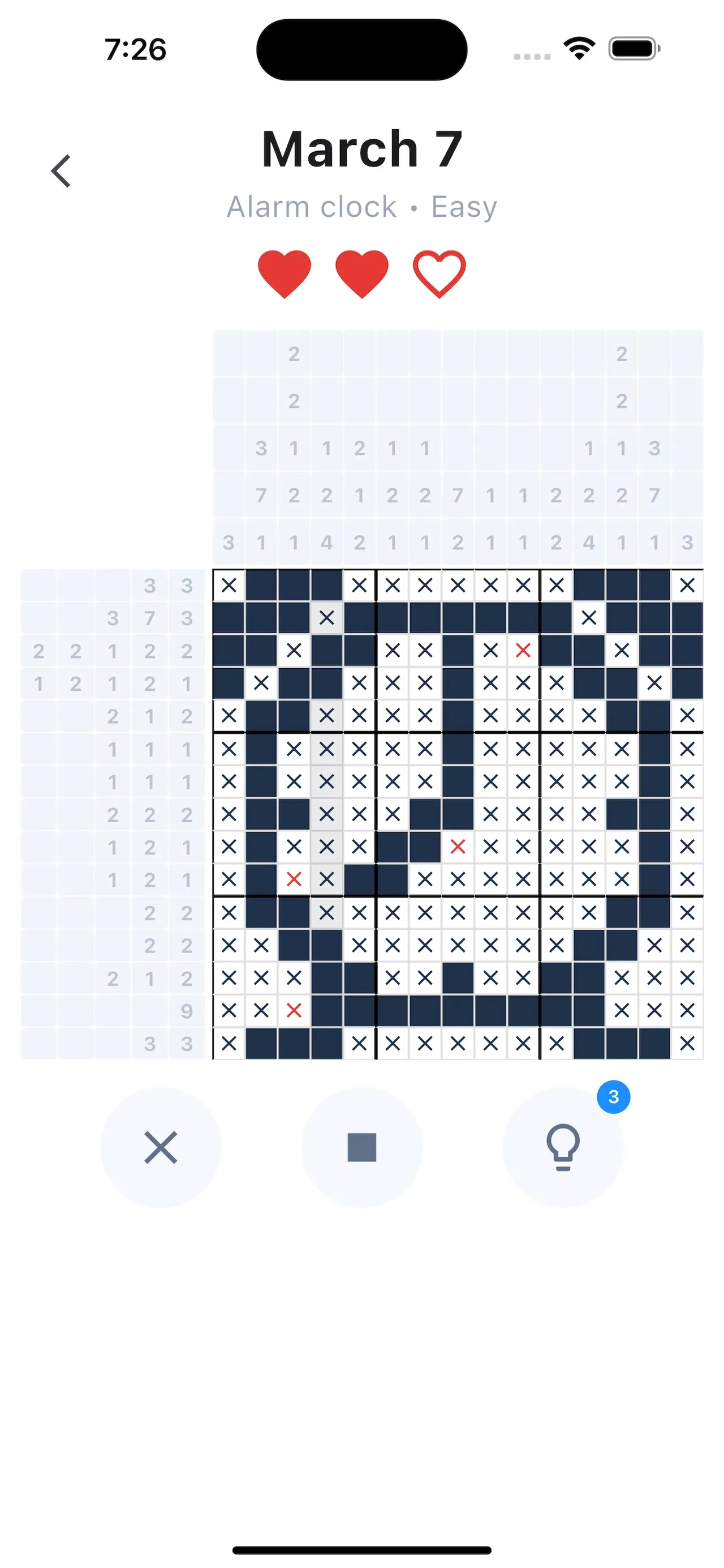 Nonogram puzzle for March 7, Alarm clock, Easy: a 15x15 grid nearly solved into an alarm clock shape, with row and column clues, two of three hearts left, and cross, fill and hint buttons.