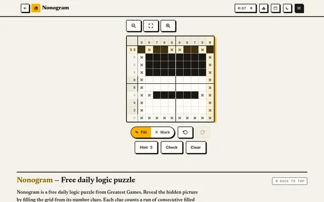 Today's Greatest Games Nonogram, a 10x10 grid part solved: filled rows and auto-crossed squares start to show a heart, with Fill, Mark, Hint, Check and Clear below