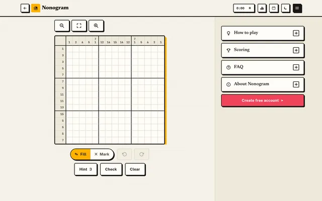 The Greatest Games daily Nonogram: an empty 15x15 grid with number clues along each row and column, Fill and Mark tools, three hints, Check and Clear