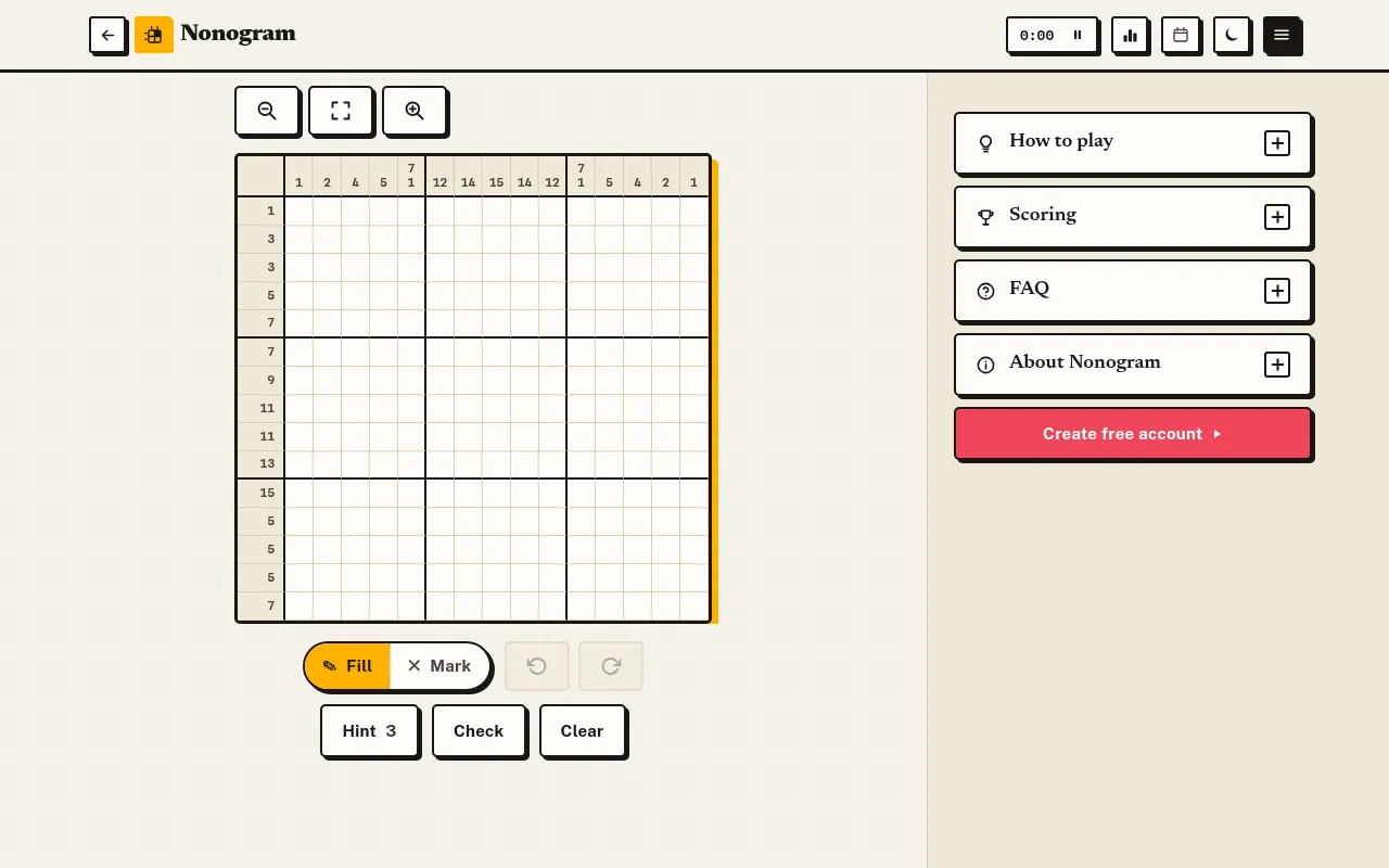 An earlier Greatest Games daily Nonogram: an empty 15x15 grid with number clues along each row and column, Fill and Mark tools, three hints, Check and Clear