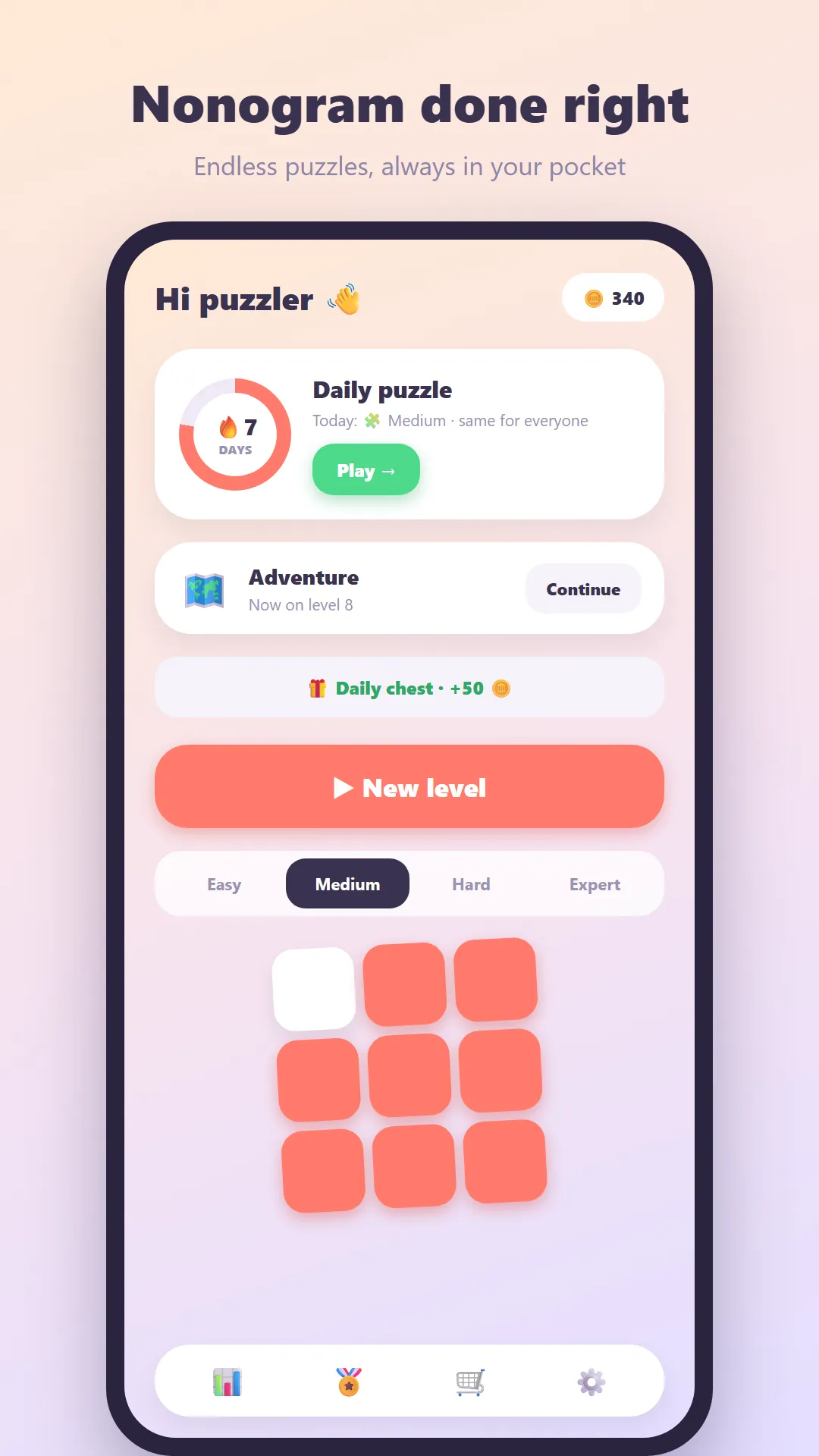 Nonogram - Puzzle Game home screen with the Daily puzzle card, streak counter, adventure mode and difficulty picker