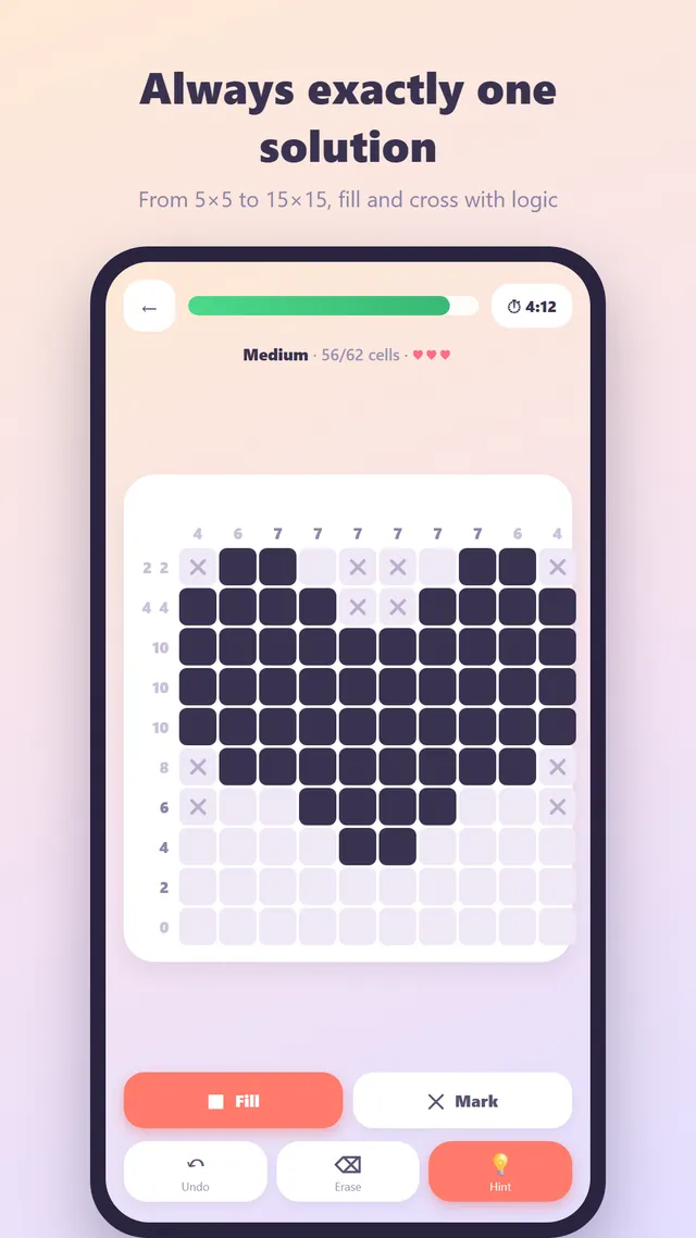 A Medium Nonogram - Puzzle Game board half solved into a heart, with row and column clues and Fill and Mark buttons
