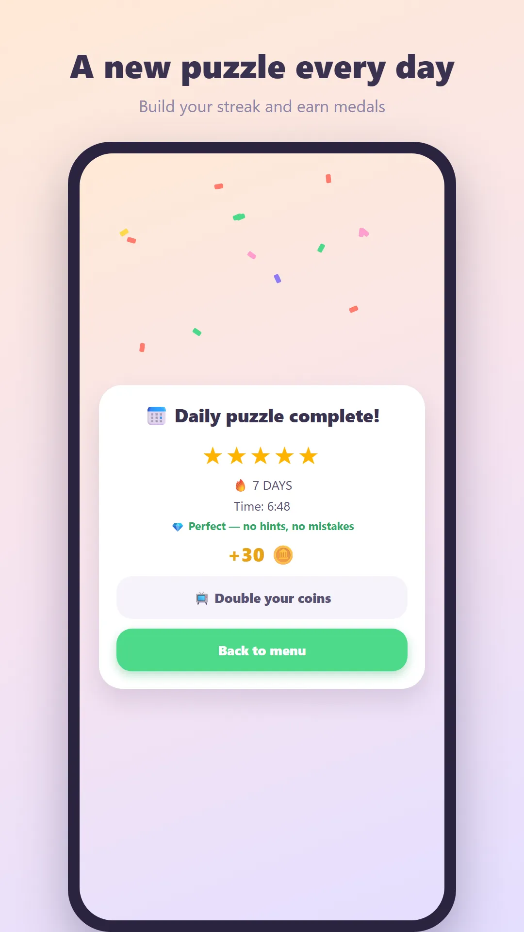 Nonogram - Puzzle Game's daily puzzle complete screen with five stars, a 7 day streak and the solve time