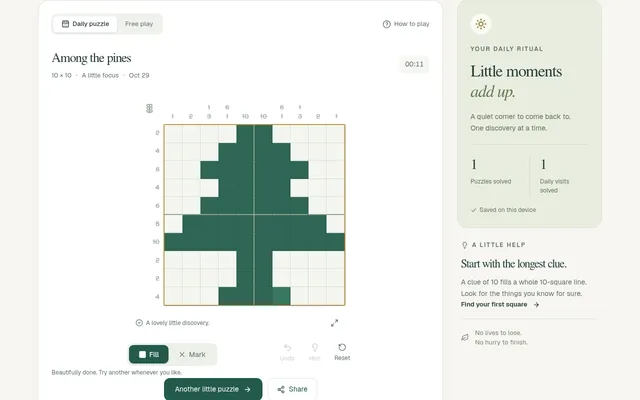Nonograms.games daily puzzle for 29 October 2026 solved: a 10x10 grid filled in green to show a pine tree, titled Among the pines, with the timer at 00:11