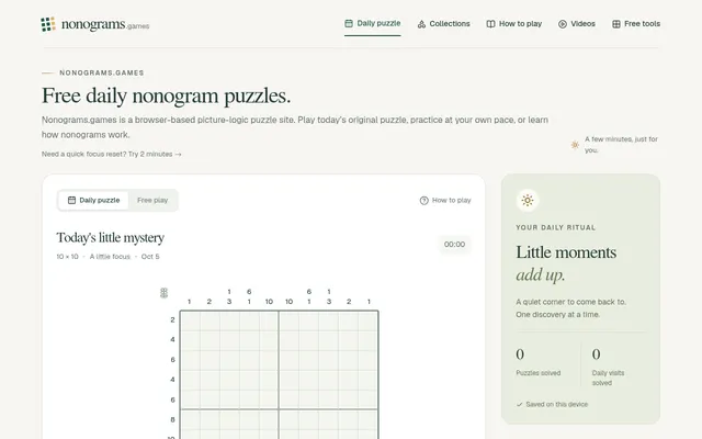 Nonograms.games daily puzzle for Oct 5, Today's little mystery: an empty 10x10 nonogram grid with number clues along the top and left side, beside a panel counting puzzles solved