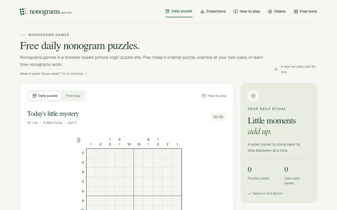 Nonograms.games daily puzzle for Oct 5, Today's little mystery: an empty 10x10 nonogram grid with number clues along the top and left side, beside a panel counting puzzles solved