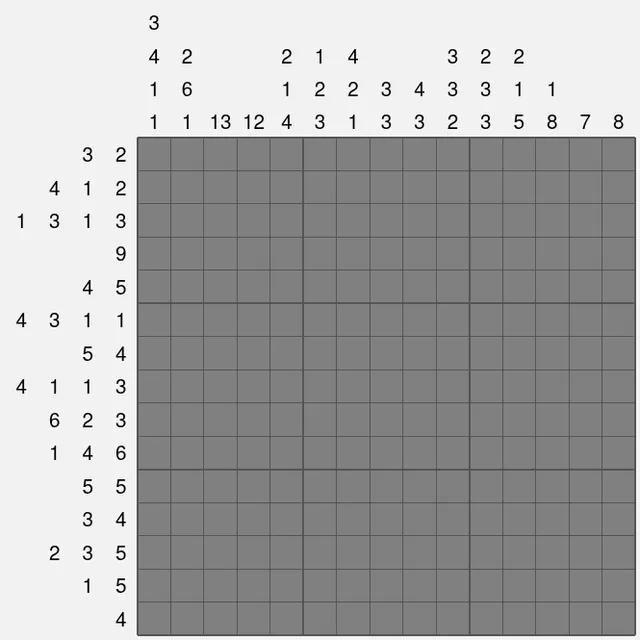Today's medium Nonograms grid on PuzzleMadness: an empty 15x15 board with run clues above the columns and beside the rows