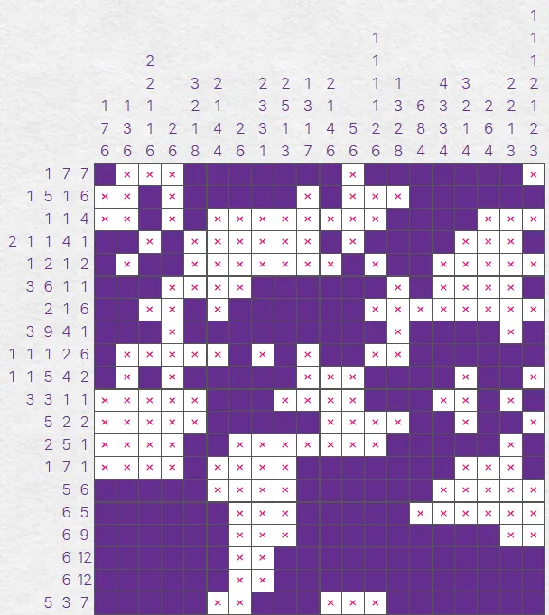 A solved 20x20 Nonograms grid in purple with crosses on blank squares, an example from PuzzleMadness's rules