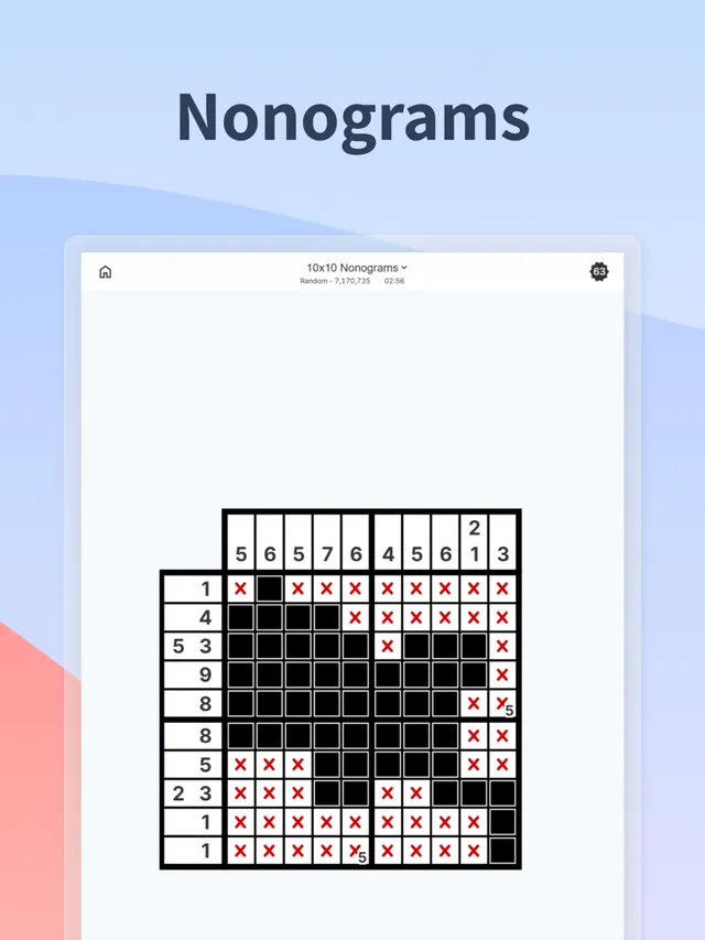 A 10x10 nonogram partly filled in, with crosses on empty cells, in the PuzzleGym app