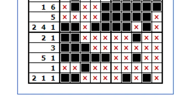 A solved 10x10 nonogram with black squares, red crosses and number clues on each row and column