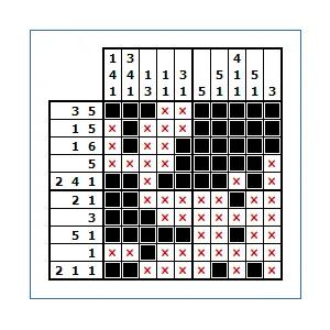 A solved 10x10 nonogram with black squares, red crosses and number clues on each row and column