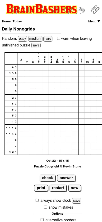 The 22 October 15x15 Medium Nonogrids grid on a 430 px phone screen, its last column running just past the right edge, with check and answer buttons below