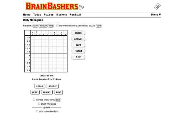 BrainBashers Nonogrids for 22 October 2026, 10x10 Easy, at desktop size: an empty grid with run-length clues on the top and left, beside check, answer, print, restart and new buttons