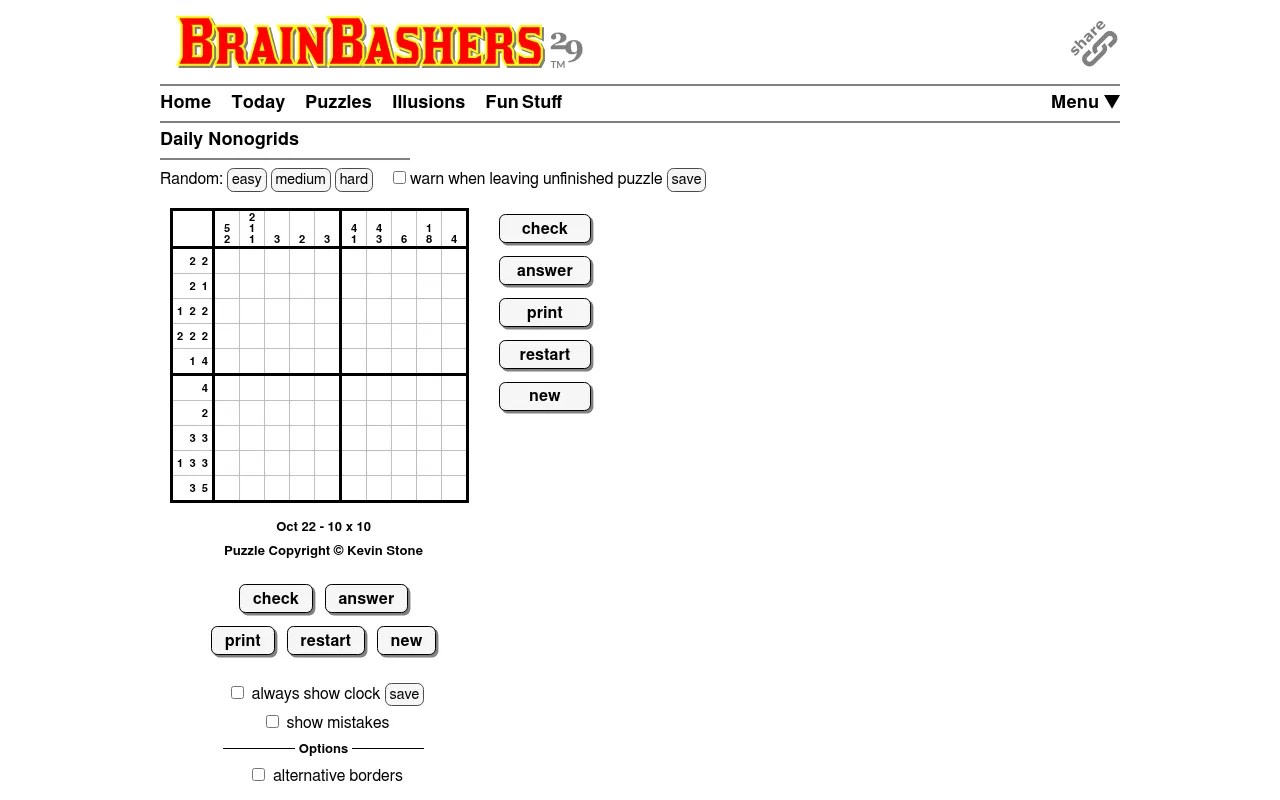 BrainBashers Nonogrids for 22 October 2026, 10x10 Easy, at desktop size: an empty grid with run-length clues on the top and left, beside check, answer, print, restart and new buttons
