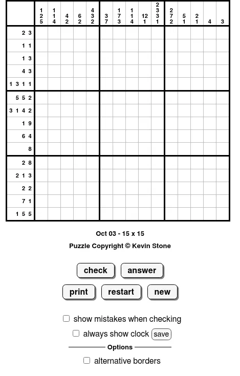 BrainBashers Nonogrids for 3 October, 15x15: an empty grid divided into 5x5 blocks with run-length clues above each column and beside each row