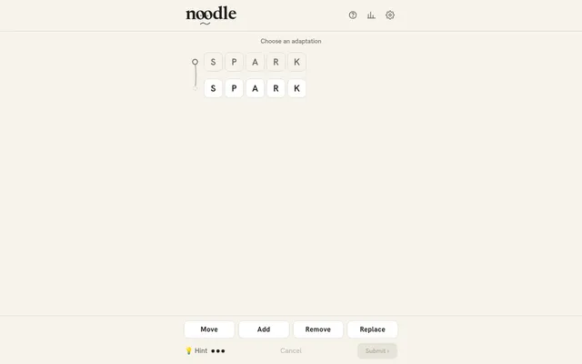 Noodle's daily puzzle starting from SPARK: the word in tiles under Choose an adaptation, with Move, Add, Remove and Replace buttons and a Hint button with three lives
