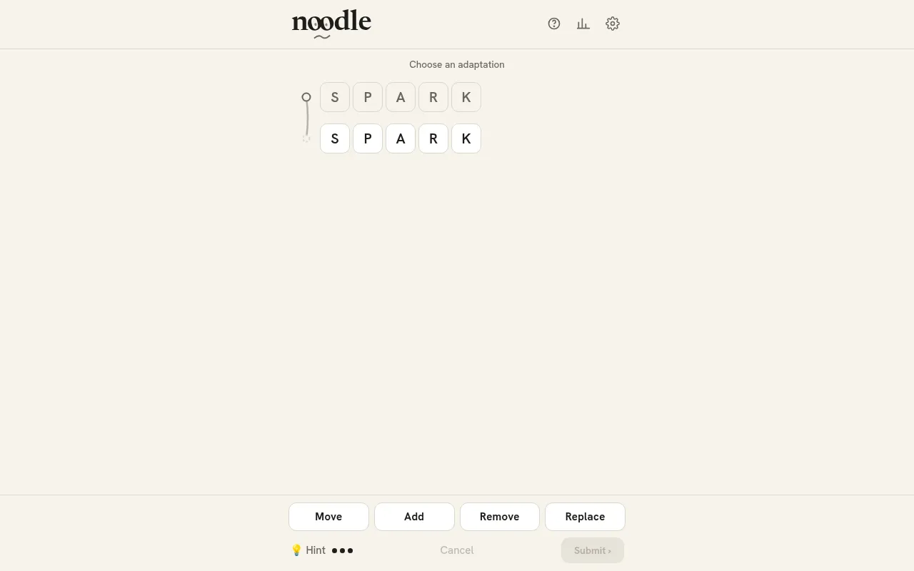 Noodle's daily puzzle starting from SPARK: the word in tiles under Choose an adaptation, with Move, Add, Remove and Replace buttons and a Hint button with three lives