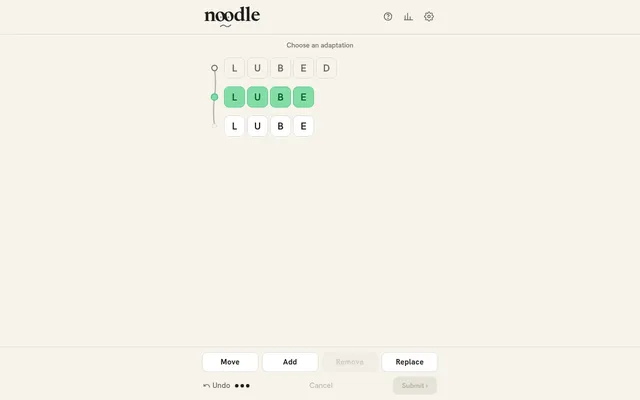 Noodle's puzzle for 29 October 2026 at desktop size: LUBED at the top, LUBE made by a Remove step in green below it, and the Move, Add and Replace buttons still to use