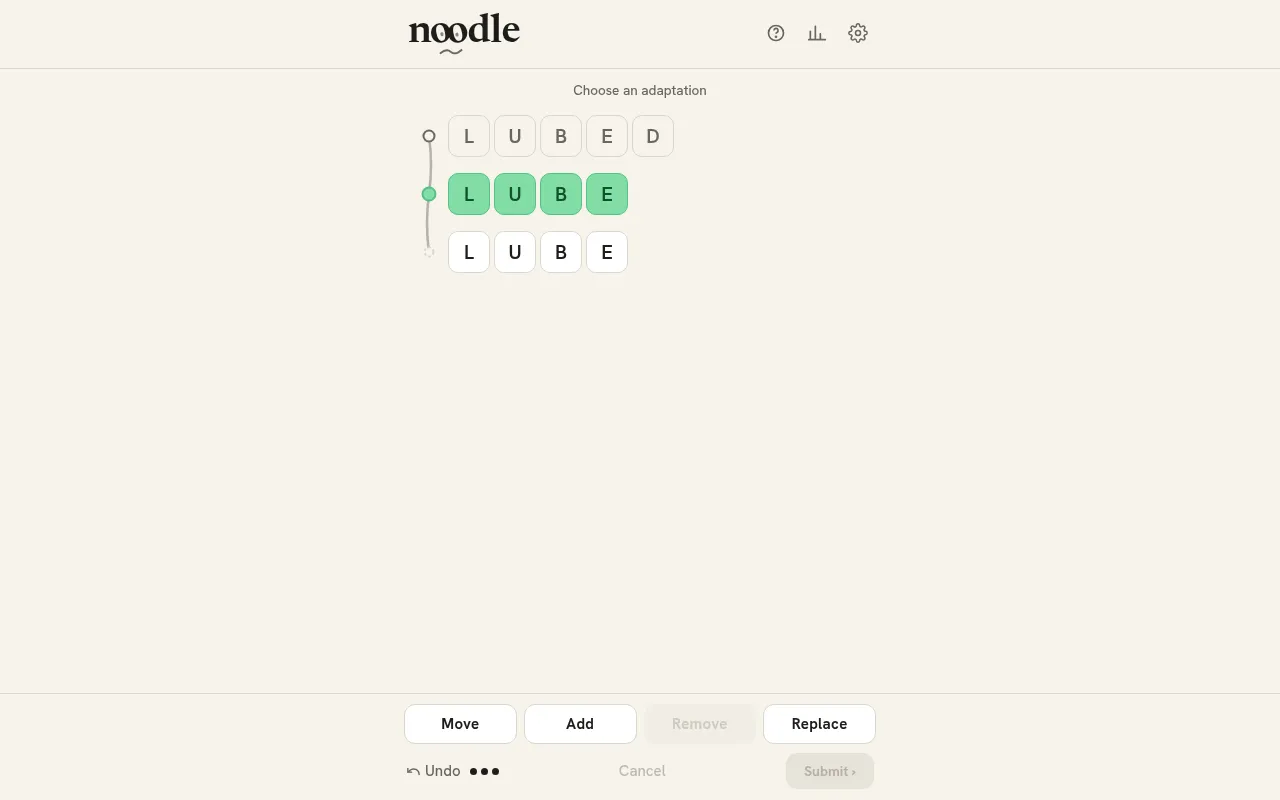 Noodle's puzzle for 29 October 2026 at desktop size: LUBED at the top, LUBE made by a Remove step in green below it, and the Move, Add and Replace buttons still to use