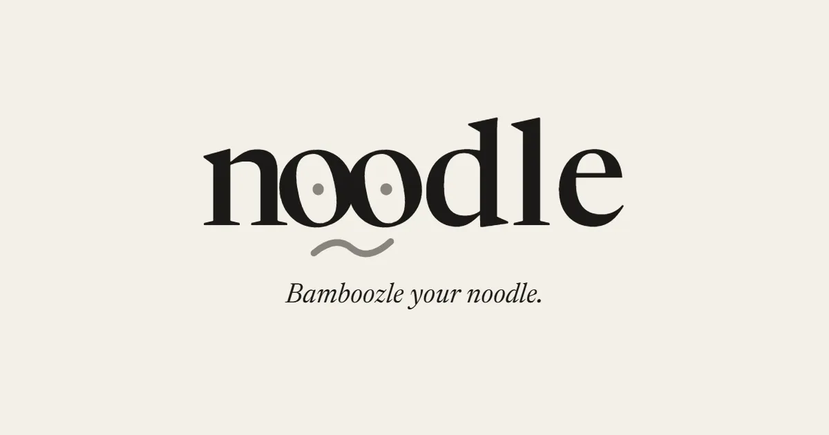 The Noodle logo, with two eyes in the double O, above the line Bamboozle your noodle