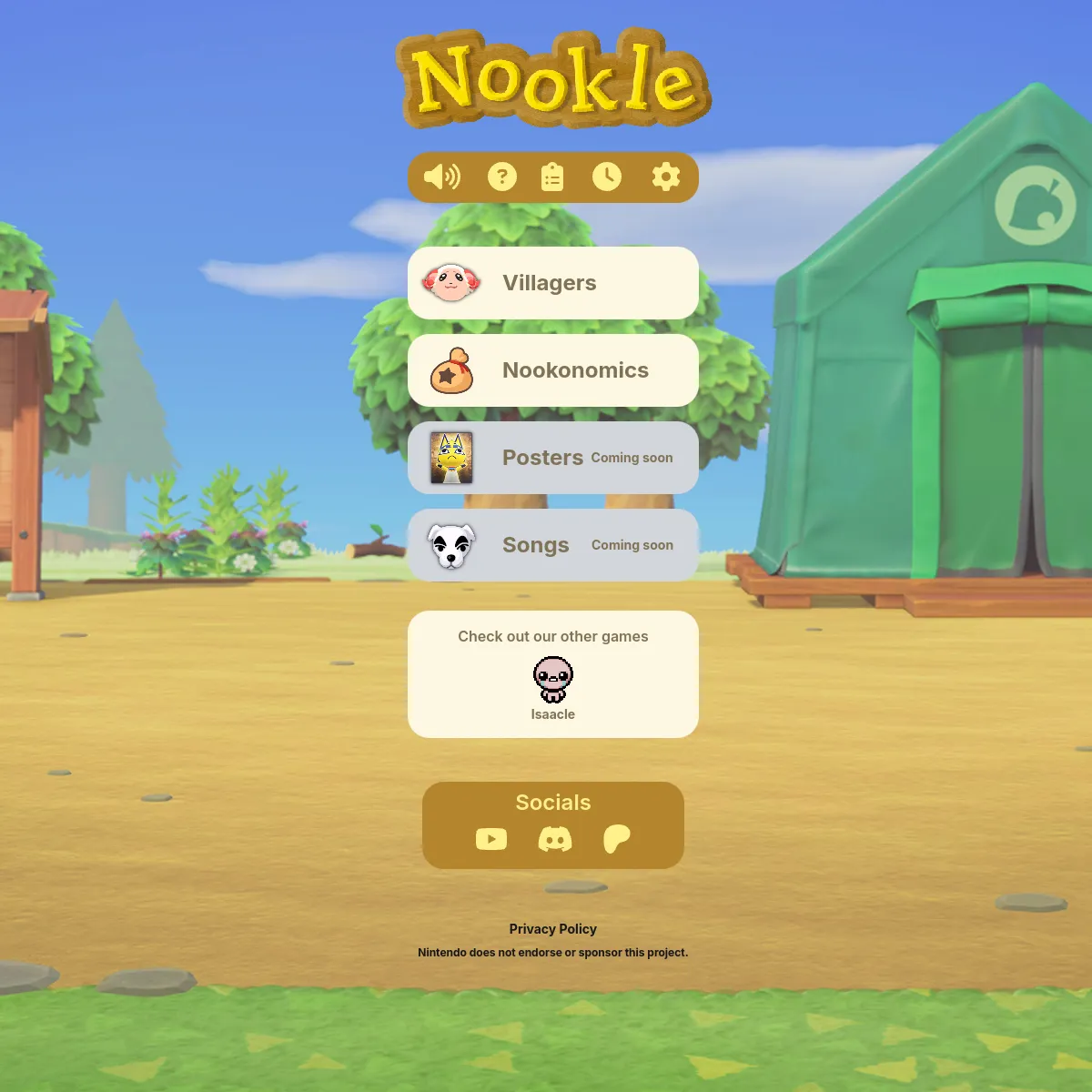 The Nookle home screen over an Animal Crossing style campsite background, with mode buttons for Villagers and Nookonomics, Posters and Songs marked coming soon, a link to the maker's other game Isaacl