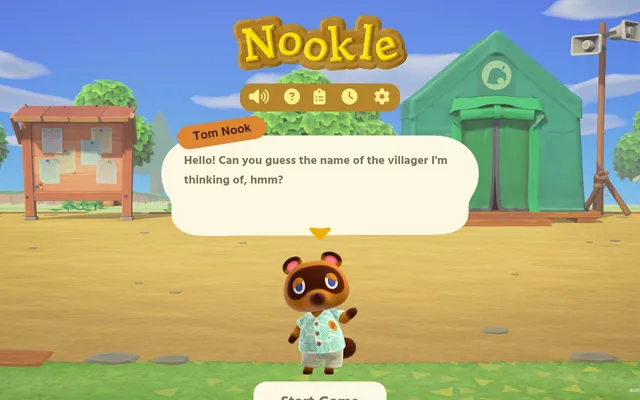 Nookle's Villagers mode: Tom Nook asks you to guess the villager he is thinking of, in front of an Animal Crossing campsite with a Start Game button