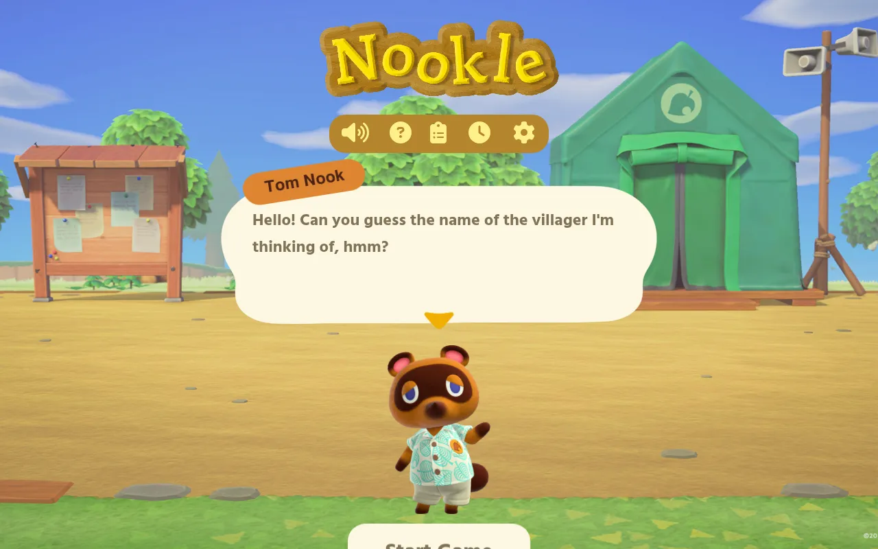 Nookle's Villagers mode: Tom Nook asks you to guess the villager he is thinking of, in front of an Animal Crossing campsite with a Start Game button