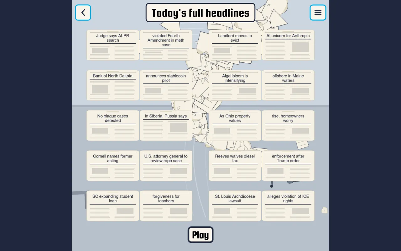 Noozli's Today's full headlines screen for the national edition: ten local news headlines shown as split pairs of newspaper tiles, with a Play button below
