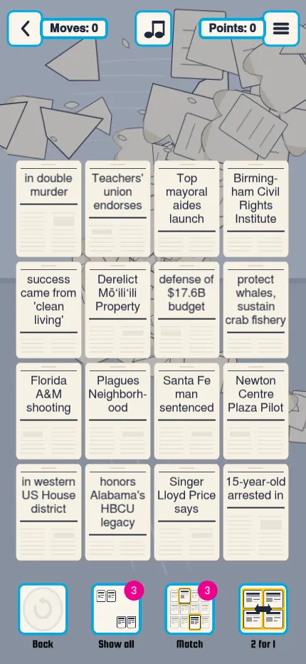 Noozli's board for 27 October 2026 on a phone: sixteen newspaper tiles with headline halves such as Top mayoral aides launch, with Back, Show all, Match and 2 for 1 tools below
