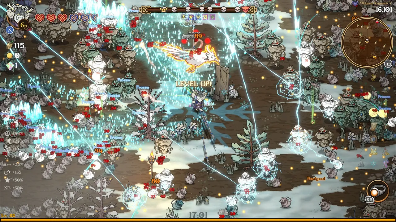 Nordic Ashes gameplay: a hero surrounded by a horde of enemies in a Norse realm