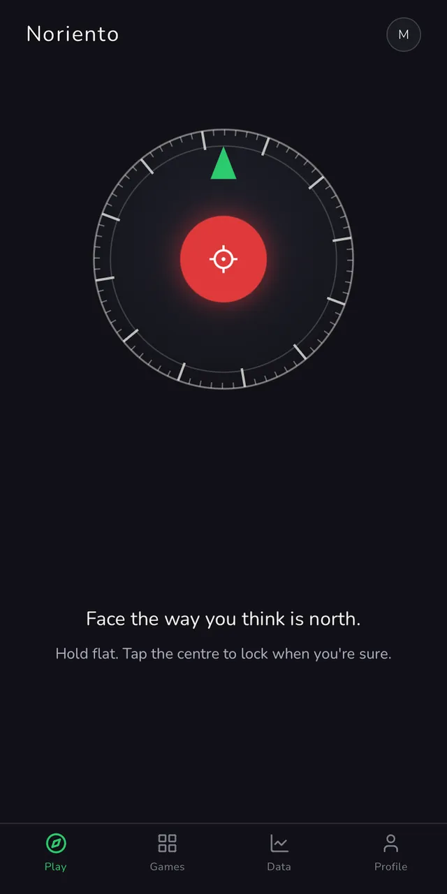Noriento in play: a compass dial with a red lock button and the prompt Face the way you think is north