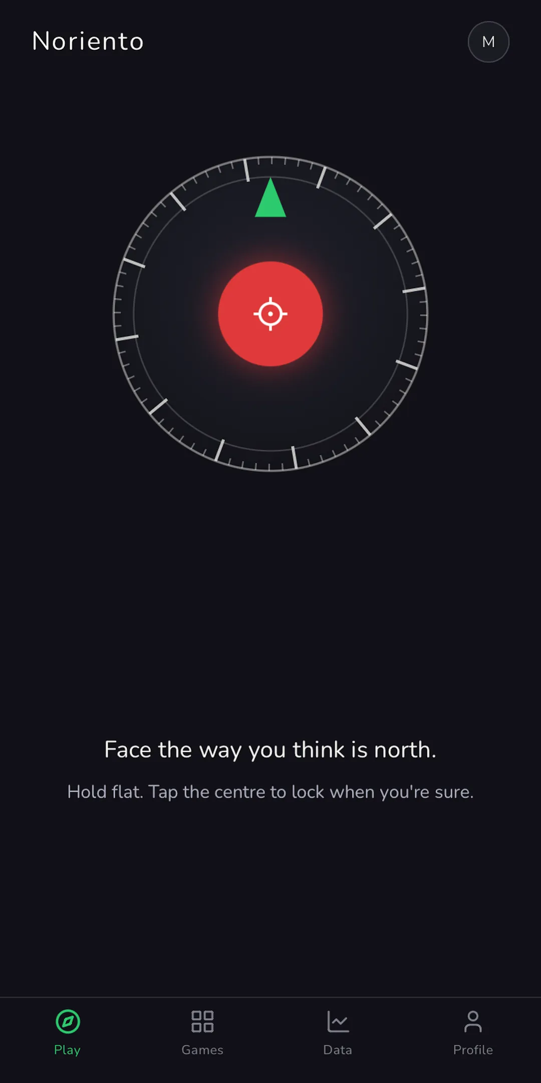 Noriento in play: a compass dial with a red lock button and the prompt Face the way you think is north