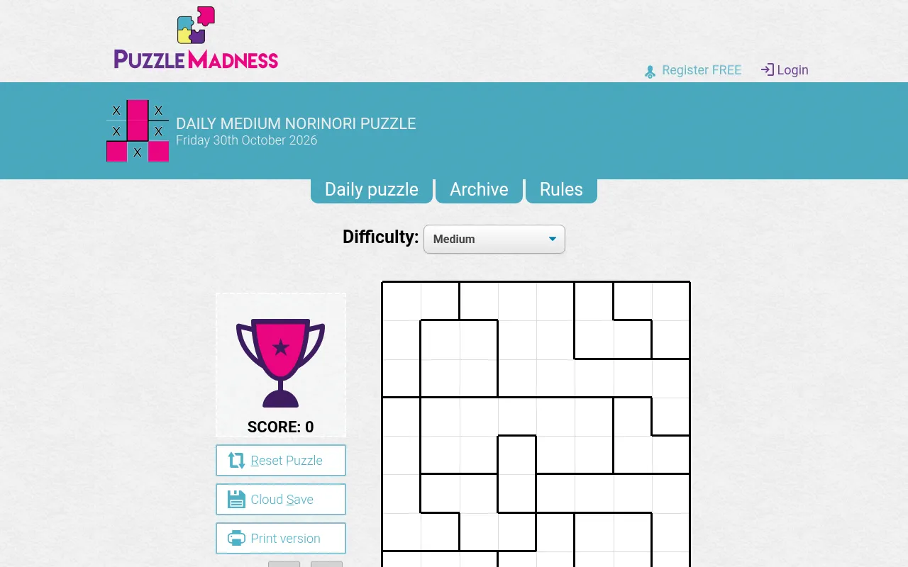 PuzzleMadness's Daily Medium NoriNori page for Friday 30 October 2026 at desktop size: the difficulty menu, score panel and the empty 8x8 grid
