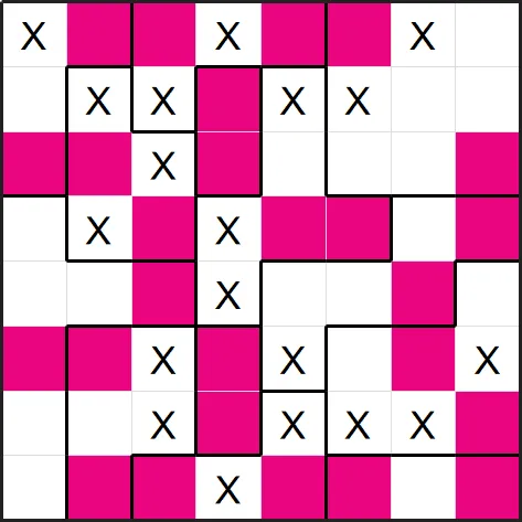 A solved example NoriNori from PuzzleMadness's rules: pink domino pairs shaded in every region, with crosses in the empty cells