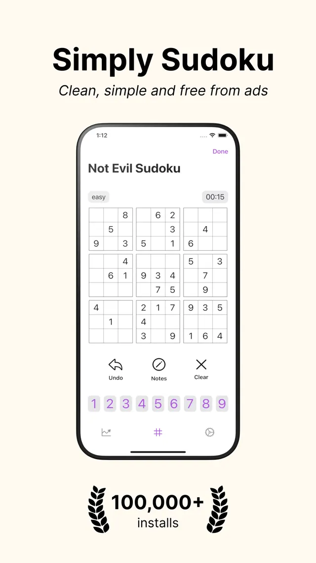 Not Evil Sudoku on an iPhone: an easy 9x9 sudoku board with a timer, undo, notes and number keys