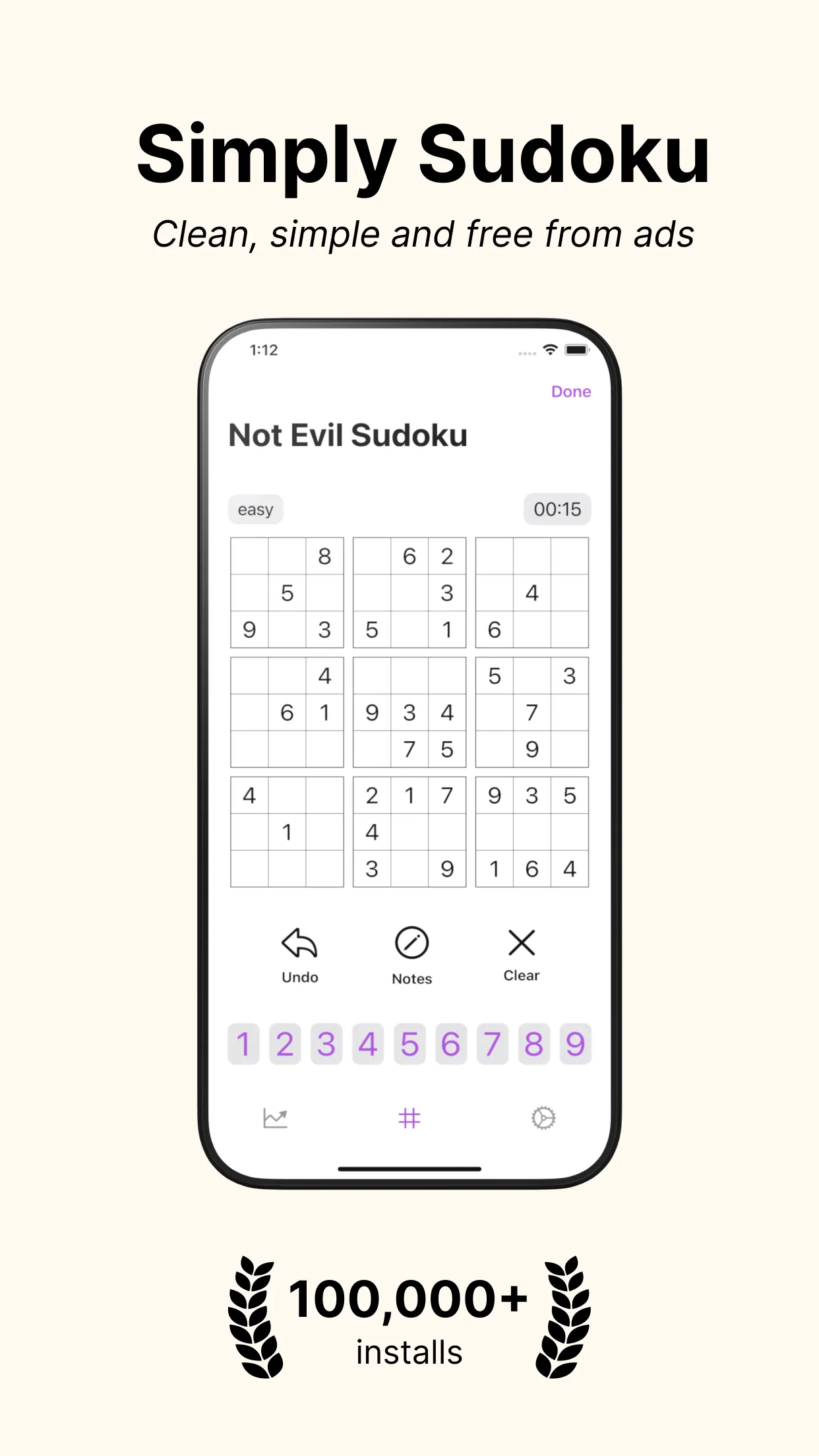 Not Evil Sudoku on an iPhone: an easy 9x9 sudoku board with a timer, undo, notes and number keys