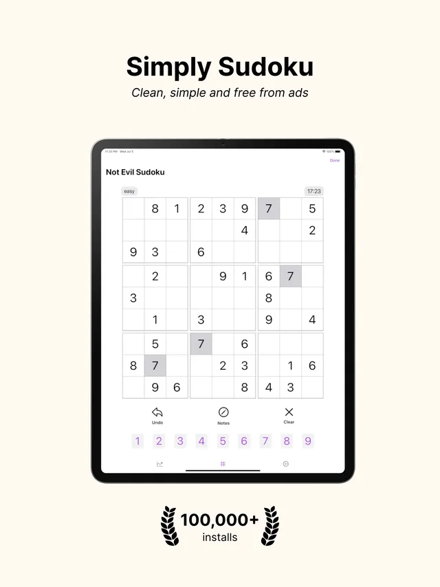 Not Evil Sudoku on an iPad: an easy 9x9 sudoku with a timer and number keys