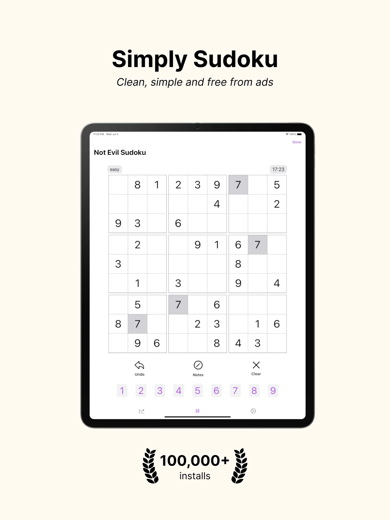 Not Evil Sudoku on an iPad: an easy 9x9 sudoku with a timer and number keys
