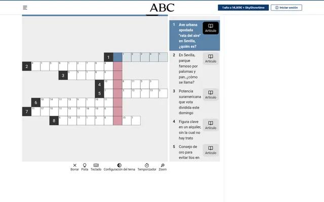The Notigrama for 4 October 2026: eight numbered answer rows crossing a shaded keyword column, beside news clues such as Ave urbana apodada rata del aire en Sevilla, each with an Artículo link