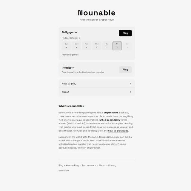 Nounable home page with the Daily game for Friday, October 2, a week of day buttons, and the Infinite mode card